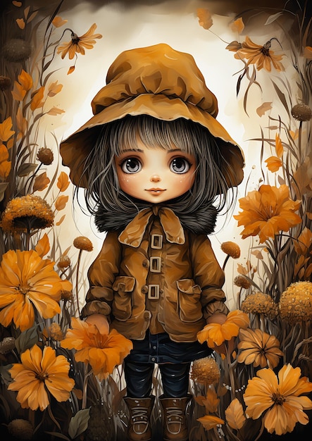 menina chapéu jaqueta em pé campo flores cor laranja fêmea princesa loucura mono amarelo pele