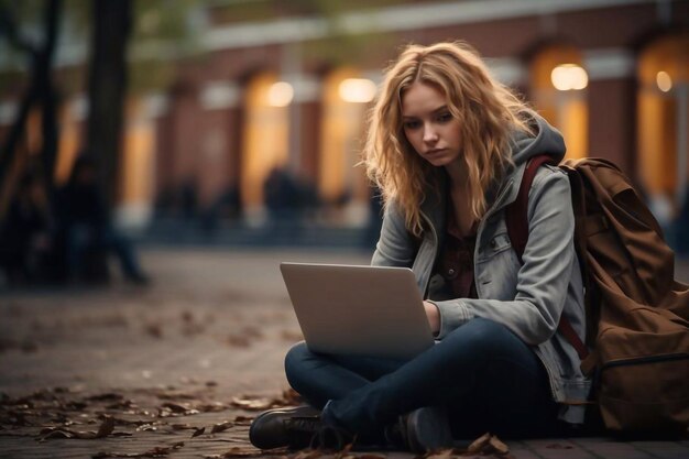 Foto menina chateada e deprimida segurando um laptop enquanto estava sentada em uma rua de concreto. estudante expulso da escola.