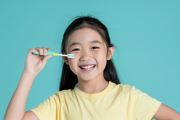 Menina chinesa com escova de dentes na mão em fundo azul claro