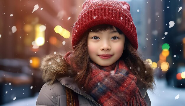 Menina chinesa em pé nas ruas do ano de inverno, o conceito do ano novo