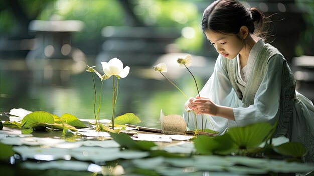 Menina chinesa vestida de Hanfu brincando perto de plantas de flores de lótus na lagoa