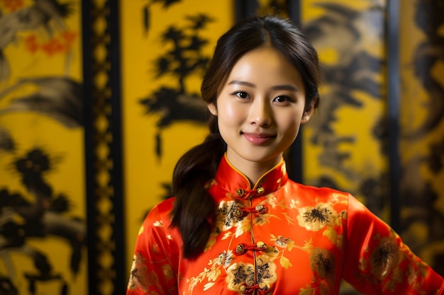 Menina chinesa vestindo traje de Cheongsam do Ano Novo Chinês com fundo do Ano Novo chinês