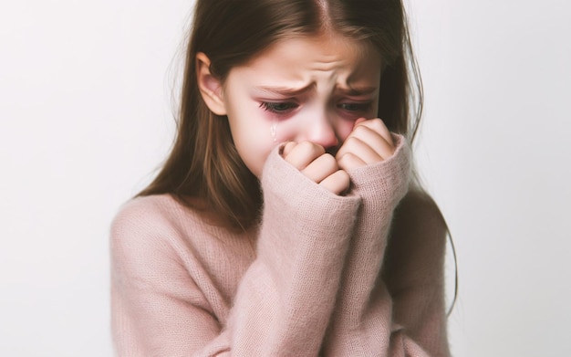 Menina chorando com fundo branco