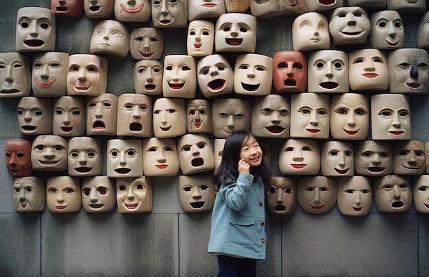 Foto menina cobrindo seu rosto de uma parede com rostos de crianças no estilo de telas em forma