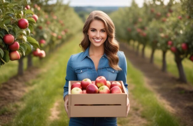 Menina colher maçã segurando uma caixa de maçãs em um pomar
