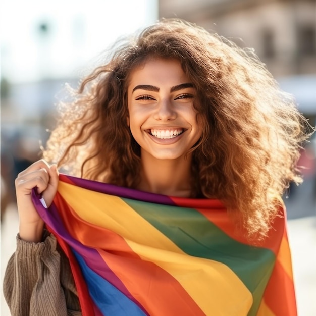 Menina com a bandeira do arco-íris Conceito do mês do orgulho Ilustração AI GenerativexA