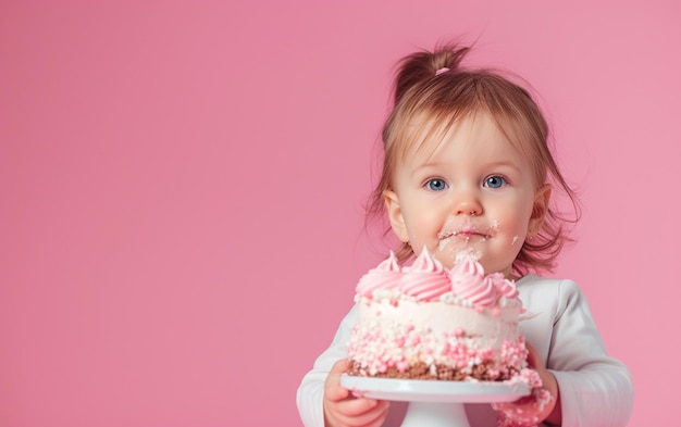 Menina com bolo de aniversário mostrando sobremesa em fundo de cor sólida com copyspace para texto