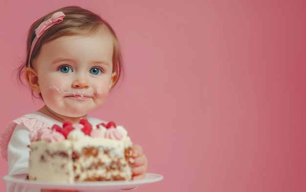 Menina com bolo de aniversário mostrando sobremesa em fundo de cor sólida com copyspace para texto
