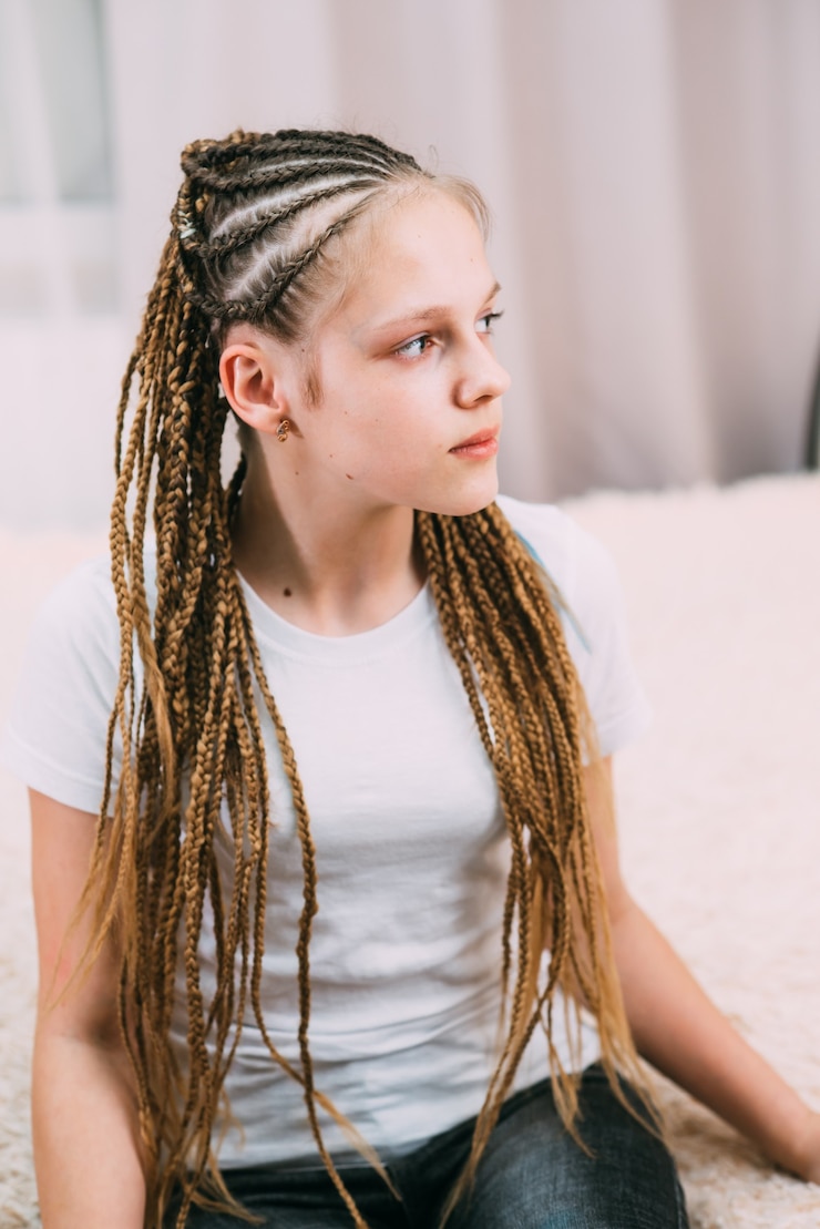Foto menina com cabelo castanho e rabo de cavalo trançado com cabelo artificial