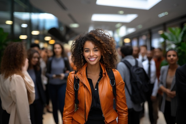 menina com cabelo encaracolado caminhando entre pessoas vestindo uma jaqueta laranja