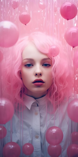 Menina com cabelo rosa em uma caixa de vidro