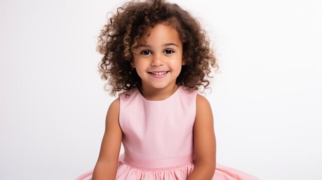 Foto menina com cabelos encaracolados em vestido rosa sentada sobre fundo branco isolado