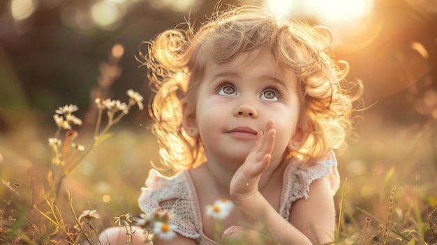 Menina com cabelos loiros encaracolados sentada em um campo de margaridas olhando para o céu em admiração