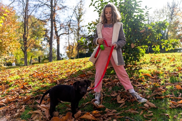 Menina com cachorro no gramado no parque outono