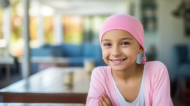 Menina com câncer sorrindo em fundo desfocado criada com tecnologia de IA generativa