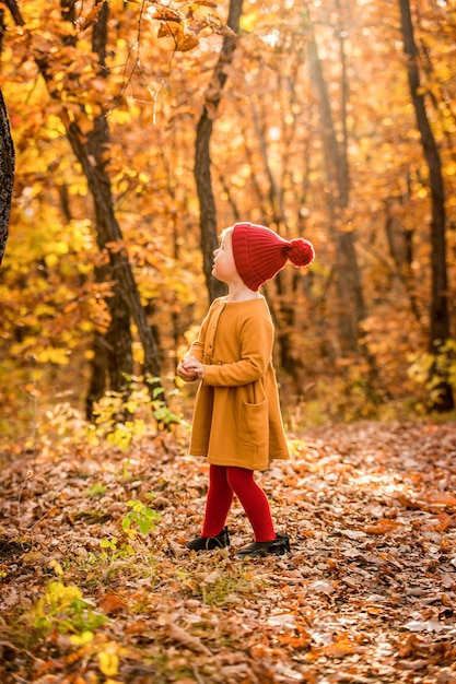 Menina com chapéu de malha vermelho caminhando na floresta de outono