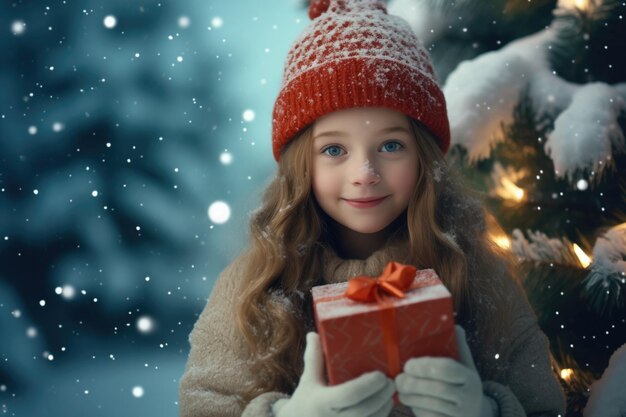 Foto menina com chapéu vermelho segurando uma caixa de presentes de natal humor de férias de inverno árvore de natal decorada com neve