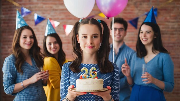 Foto menina com duas caudas concentradas acima tem expressão alegre segura bolo festivo e bal de hélio