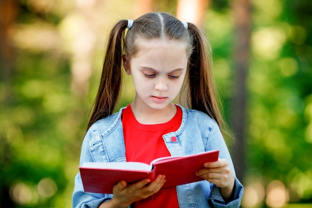 Menina com duas caudas lendo um livro no parque