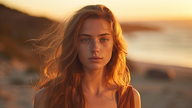 Menina com dúvidas em si mesma numa praia desolada ao pôr-do-sol, com pele radiante, sardas e iluminação atmosférica.