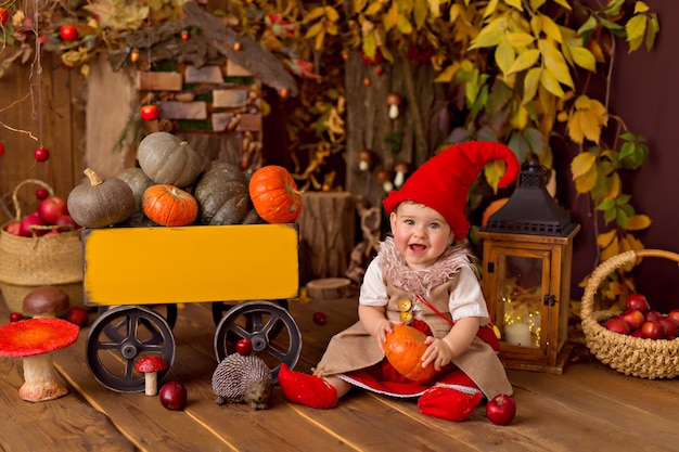 Menina com fantasia de gnomo para o halloween