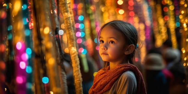 Menina com fios de fitas LED coloridas penduradas na IA generativa