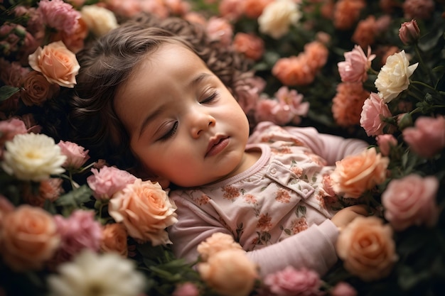 Foto menina com flor uma menina está dormindo em paz em um feixe de flores de rosa