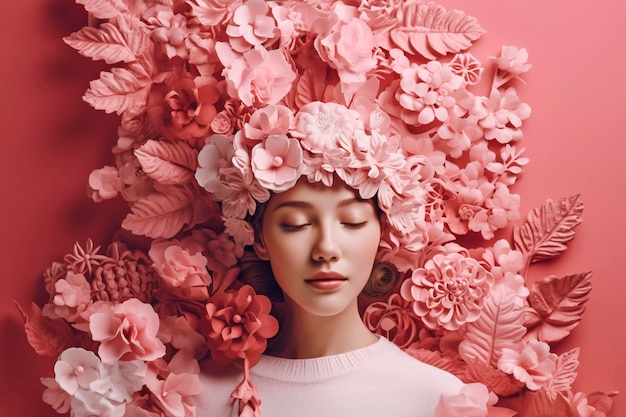 Menina com flores na cabeça isolada em fundo rosa em estúdio de IA generativa