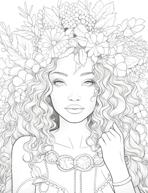 Foto menina com flores no cabelo desenho de página de coloração