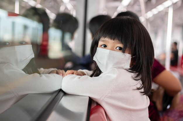 Menina com gripe de proteção facial de máscara cirúrgica e surto de vírus no transporte público