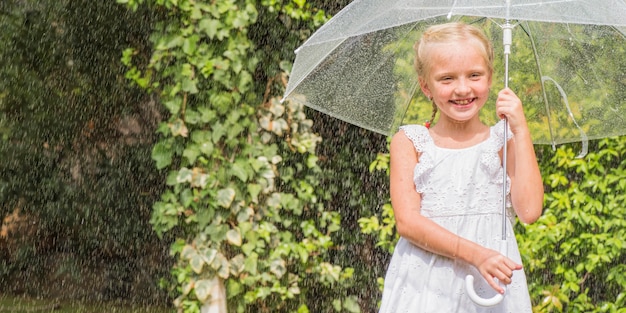 Menina com guarda-chuva brincando na chuva.