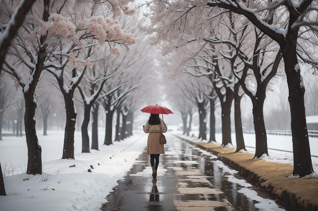 Foto menina com guarda-chuva caminhando no caminho e árvores de inverno