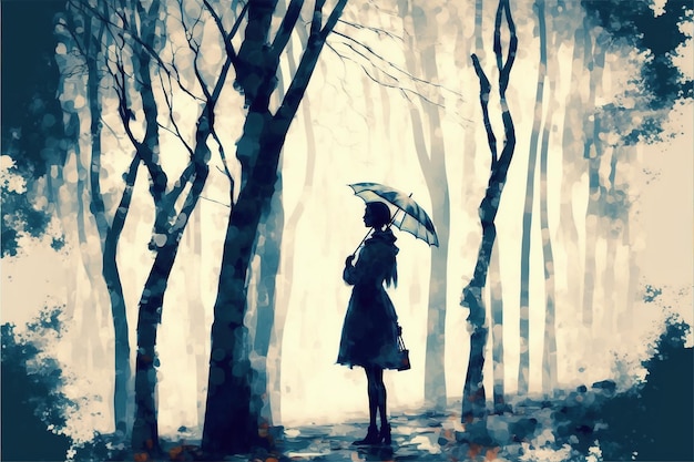 Menina com guarda-chuva na floresta Mulher misteriosa com guarda-chuva em pé na floresta Pintura de ilustração de estilo de arte digital