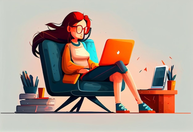 Menina com laptop sentado na cadeira Freelance ou estudando o conceito Gerar Ai
