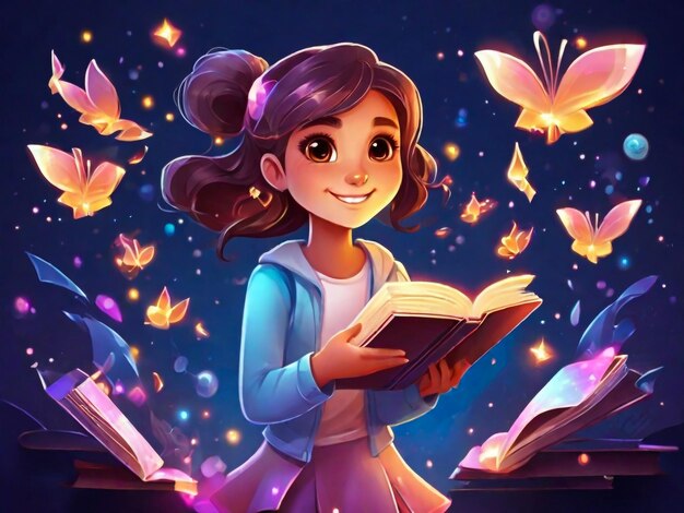 Foto menina com livros voadores com brilho mágico e brilhantes vector desenho animado fantasia ilustração de chi feliz