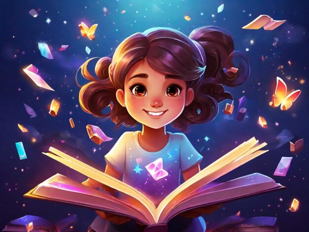 Menina com livros voadores com brilho mágico e brilhantes vector desenho animado fantasia ilustração de chi feliz