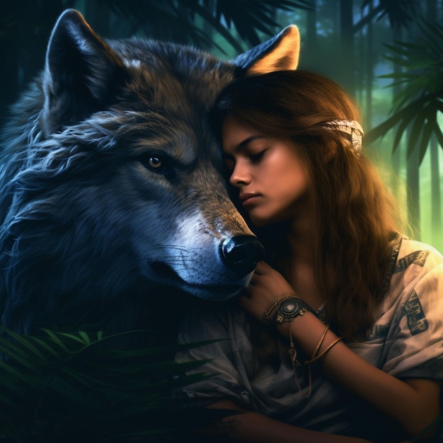 Menina com lobo na bela paisagem da selva