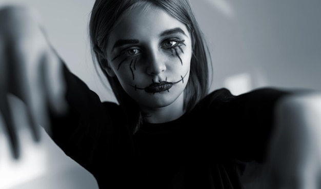 Menina com maquiagem assustadora de Halloween olhando para a câmera como um zumbi retrato assustador de crianças em preto