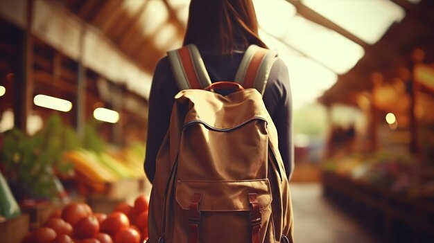 Menina com mochila de costas perambula em mercado de fazendeiros