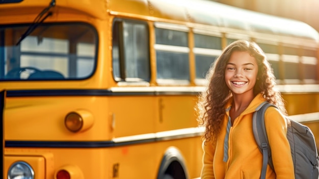 Menina com mochila e livros olhando para câmera ônibus escolar amarelo no fundo de volta à escola