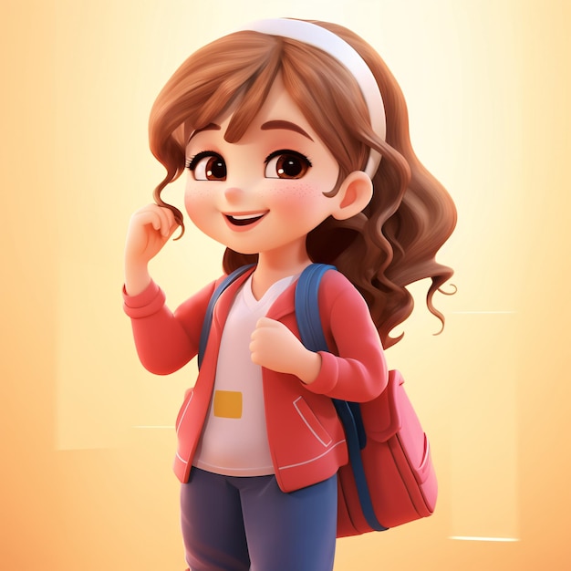 Menina com mochila escolar dia de leitura de estudante aprendendo renderização em 3D