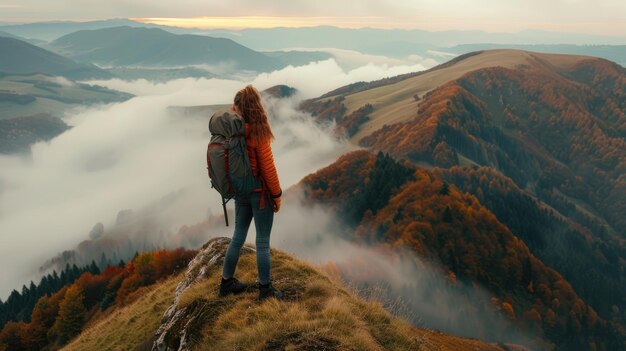 Foto menina com mochila no pico da montanha olhando para um belo vale de montanha no nevoeiro ao pôr do sol no outono