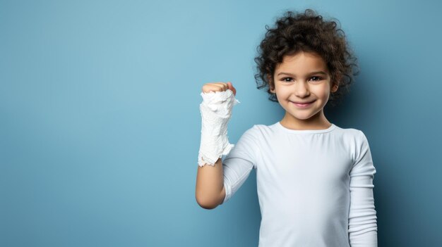 Menina com o braço quebrado em bandagem de gesso em fundo azul