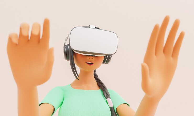 Foto menina com óculos de realidade virtual impressionada com personagem 3d estilizada