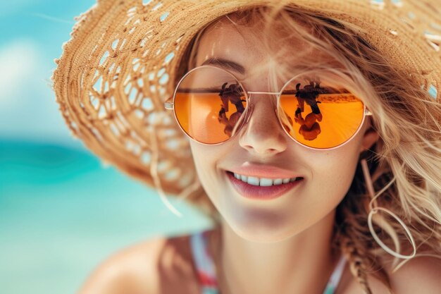 Foto menina com óculos de sol e chapéu de palha conceito de verão