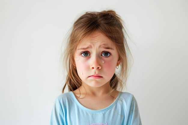 Menina com olhos chorosos e expressão de dor em fundo branco conceito de emoção