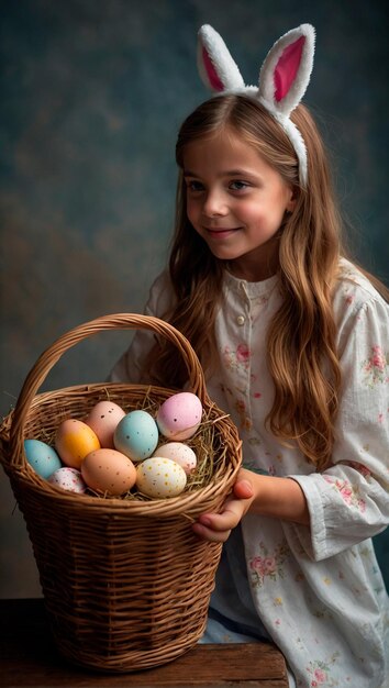 Menina com orelhas de coelho segurando uma cesta com ovos de Páscoa