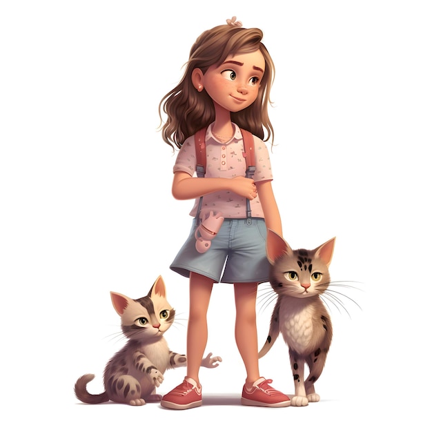 Menina com renderização em 3D de gatos isolada no fundo branco