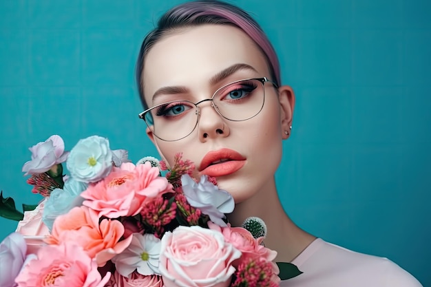 Menina com rosto lindo e buquê de óculos de flores