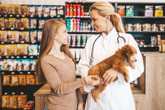 Menina com seu filhote de cachorro poodle no veterinário.